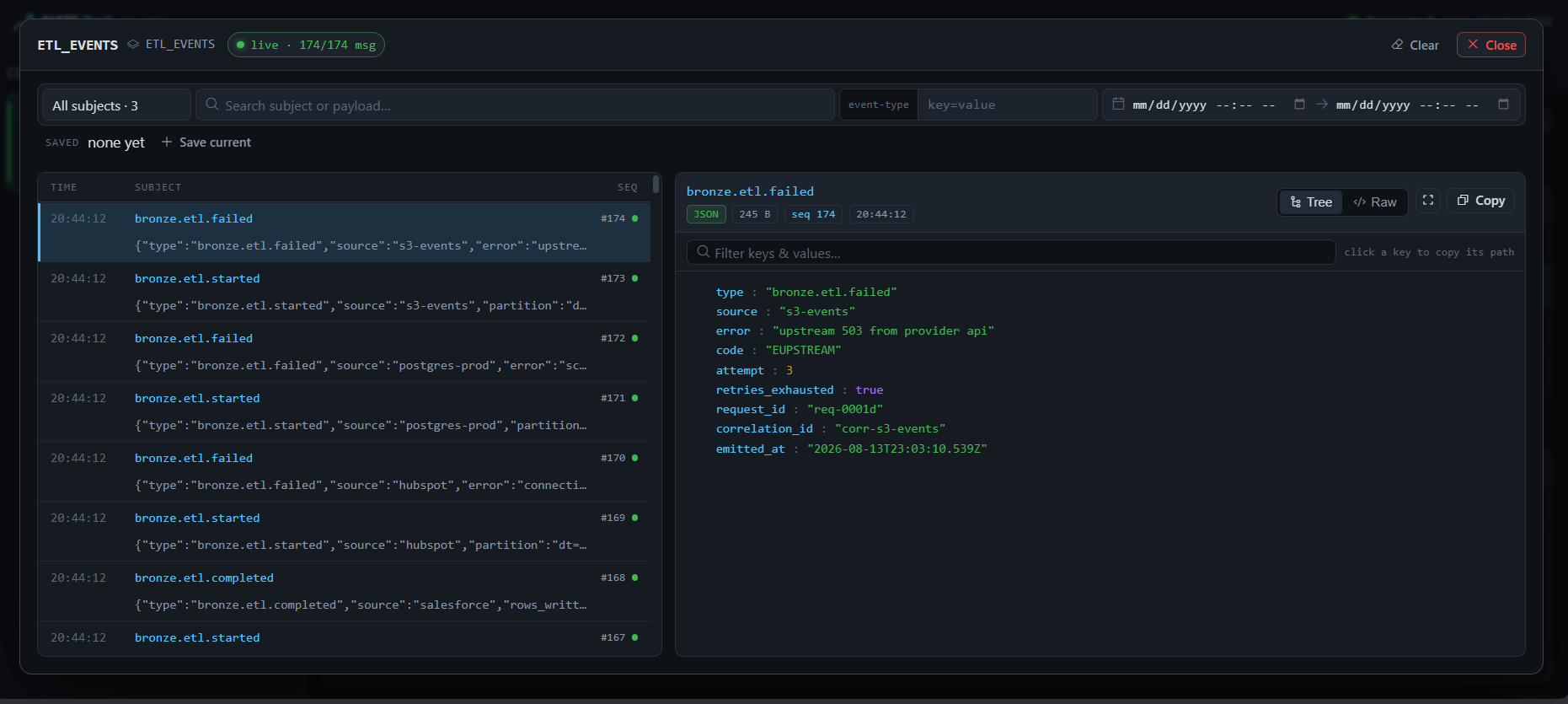The nats-trail message viewer: a JetStream stream on the left, a failed ETL event opened as a tree on the right